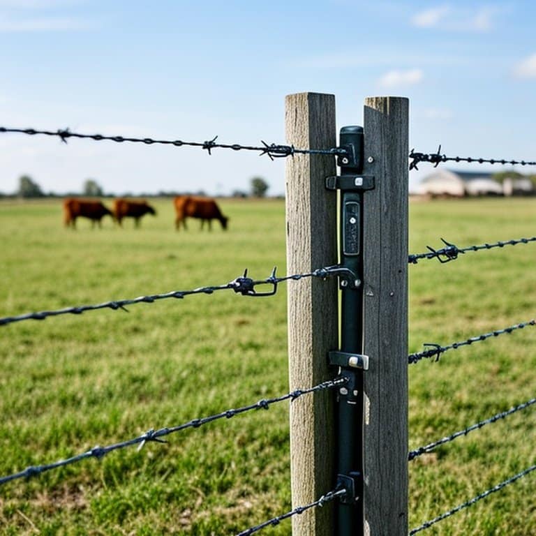 High-tensile wire fence system in grassy agricultural field High-tensile wire fence system in grassy agricultural field