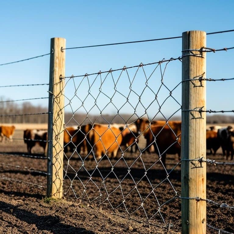 Realistic documentary photograph of welded wire mesh fence in rural pasture, showing sagging section, broken welds, rust patches, and cattle leaning on corner post (pressure points) Welded wire mesh fence in rural pasture with sagging section and cattle pressure points