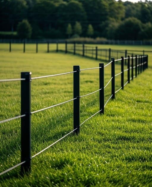Composite & Flexible Fencing Guide system with metal posts supporting curved panels in a rural agricultural pasture