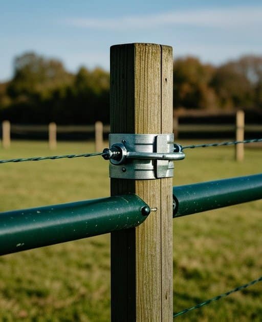 A close-up of a composite and flexible fencing system's structural detail in an outdoor agricultural pasture under natural daylight, showing the fence post material, an attached wire or rail, a metal bracket or insulator, and a clear hardware connection point, with no people, no text, and a clean composition in a professional agricultural stock photography style