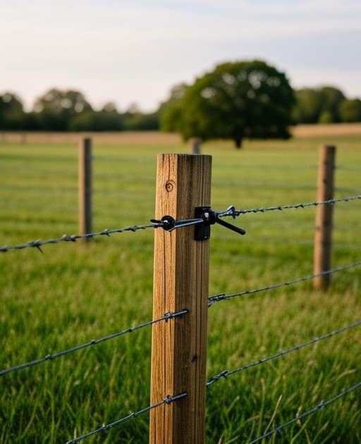 Professional DIY fence installation system in rural agricultural pasture with evenly spaced pressure-treated wooden posts, three high-tensile galvanized wire strands, black insulators, metal tension brackets, lush green grass foreground, distant tree line background, diagonal fence setup