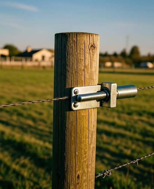 A close-up view of a fence post in an outdoor agricultural pasture, showing the material of the post, a section of attached wire or rail, a metal bracket holding them together, and the clear hardware connection point, with natural daylight illuminating the scene in a documentary-style stock photo.