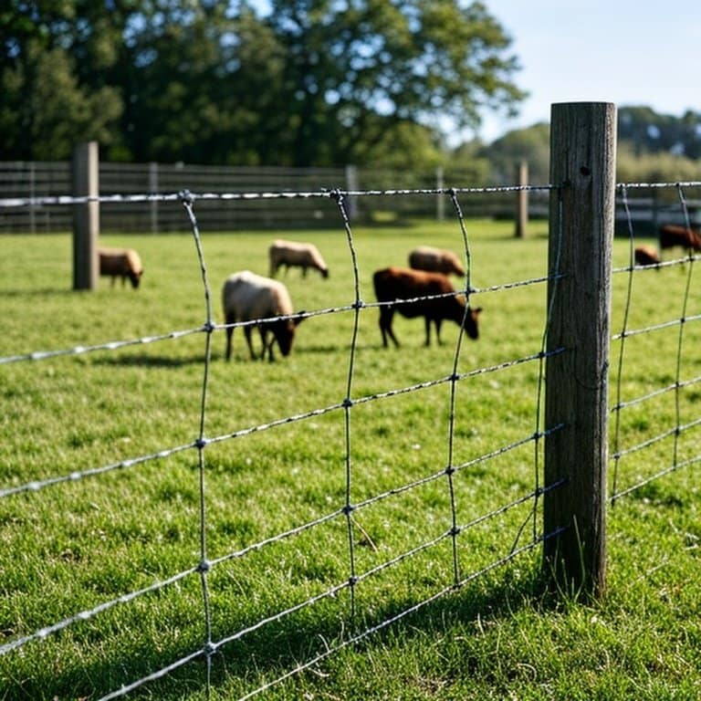 Sunny-day farm pasture with perimeter and interior fencing for rotational grazing, livestock grazing calmly Sunny-day farm pasture with perimeter and interior fencing for rotational grazing, livestock grazing calmly