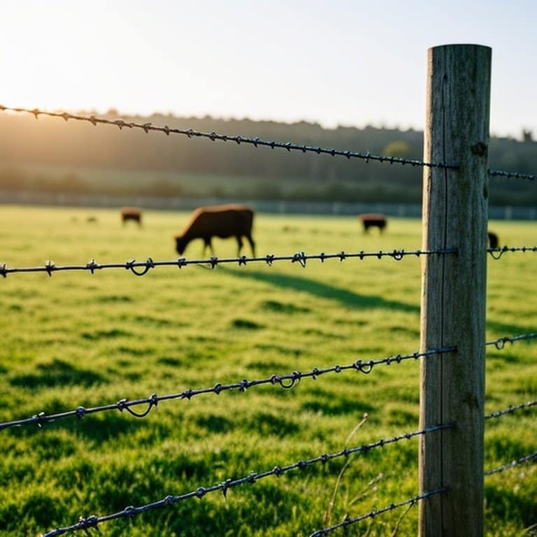 Realistic documentary-style high-tensile wire fence in pastoral agricultural setting with grazing livestock and sunlit rural landscape Realistic documentary-style high-tensile wire fence in pastoral agricultural setting with grazing livestock and sunlit rural landscape