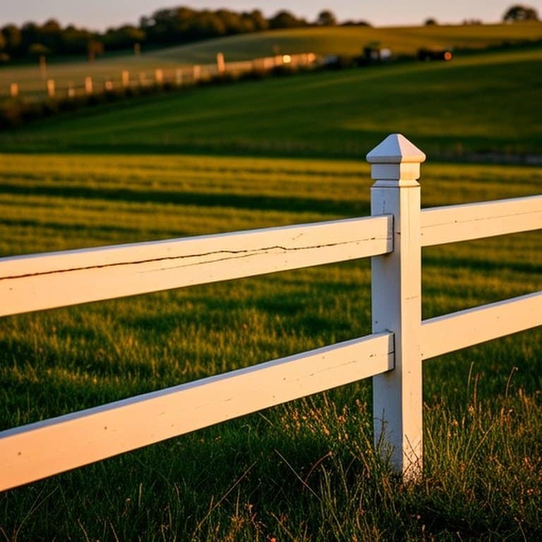 Photorealistic documentary-style rural farm scene with white PVC split-rail fence, highlighting environmental aging impacts and material sensitivity Photorealistic documentary-style rural farm scene with white PVC split-rail fence, illustrating environmental aging effects and material sensitivity