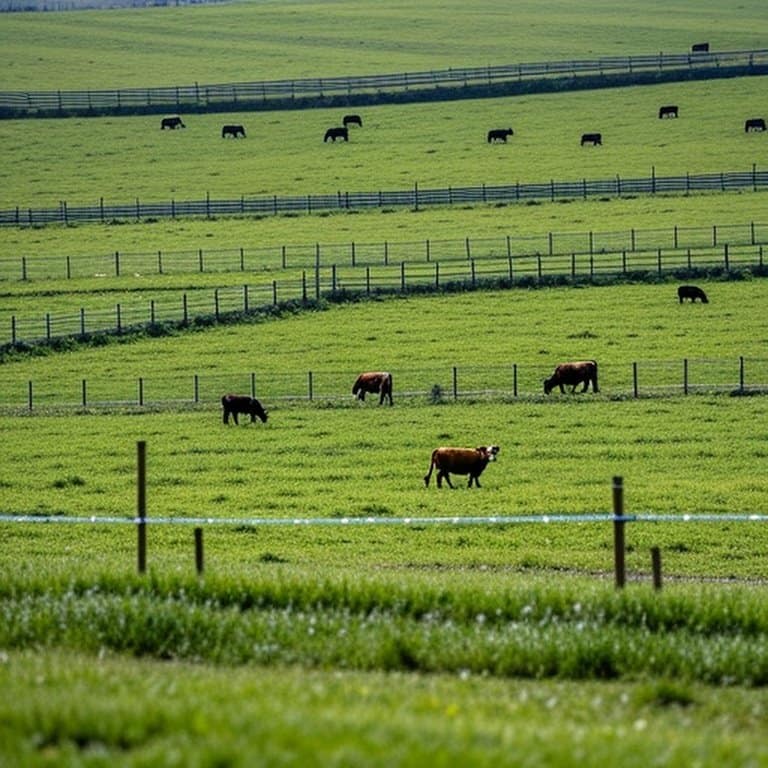 Realistic documentary-style pastoral farm landscape demonstrating rotational grazing management through temporary electric fencing and strategic pasture subdivision Realistic pastoral farm landscape illustrating rotational grazing with temporary electric fencing and paddock subdivision