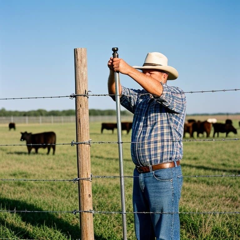 Farmer performing routine fence maintenance by adjusting tension on galvanized woven wire fence in a sunny agricultural field with grazing livestock Farmer performing routine fence maintenance by adjusting tension on galvanized woven wire fence in a sunny agricultural field with grazing livestock