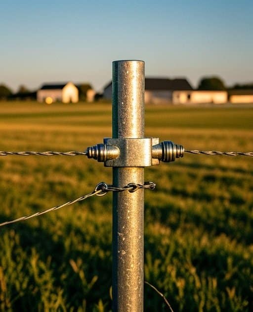 Close-up of a galvanized steel fence post with thick gauge wire fastened by a metal bracket, smooth insulator at the connection point, set against a sunny agricultural pasture with grass and a distant barn