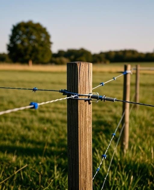 A well-installed electric fence system in a rural agricultural pasture with evenly spaced wooden fence posts, high-tensile wire strands, insulators, and metal tension brackets, featuring well-tended pasture grass in the foreground and a distant tree line backdrop