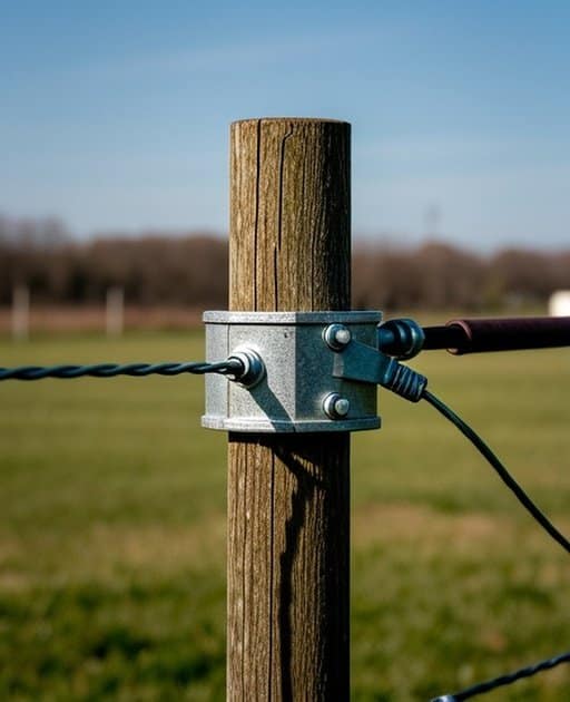 Close-up of an electric fence post in an outdoor agricultural pasture, showing the texture of the post material, the wire or rail attached to it, a metal bracket holding the wire in place, and a clear view of the hardware connection point where the wire is secured, with natural daylight illuminating the scene