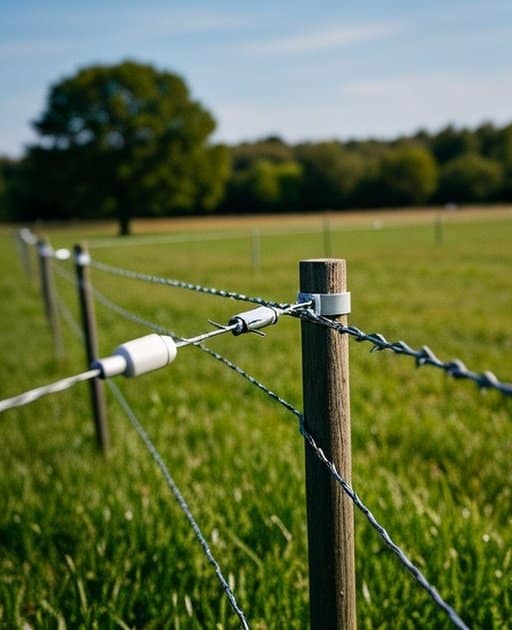 Electric fence system in rural agricultural pasture with evenly spaced fiberglass posts and four high-tensile galvanized wire strands, plastic insulators, and metal tension brackets