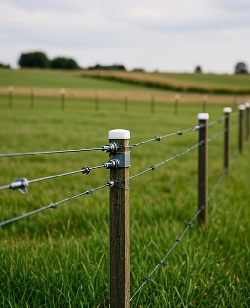 Rural agricultural pasture with an electric fence maintenance system, featuring evenly spaced fiberglass posts, high-tensile electric wire strands, white plastic insulators, metal tensioners, vibrant green grass, and distant trees in the background