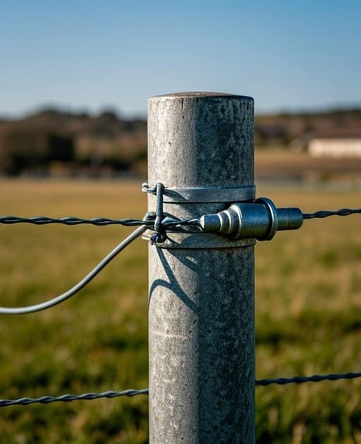 A close-up view of a galvanized steel fence post with a thick gauge wire tightly attached by a metal bracket, showing the smooth insulator at the connection point, all set against the backdrop of an outdoor agricultural pasture under natural daylight, with no people in the frame and a clean composition capturing the structural detail of the electric fence system