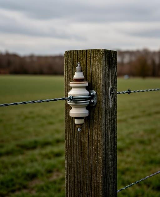 Close-up view of wooden fence post in outdoor agricultural pasture with taut wire, metal bracket, and ceramic insulator, natural daylight