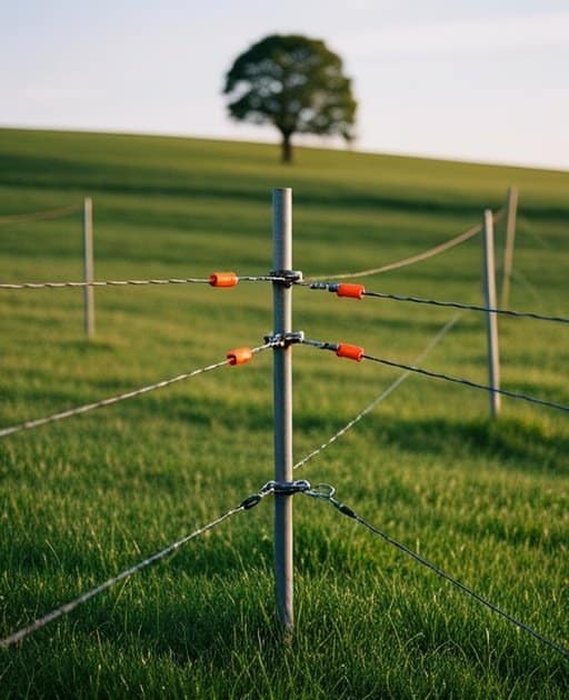 A rural agricultural pasture with Electric Fence Safety & Voltage Guide system, featuring evenly spaced fiberglass posts, three high-tensile electric wires, bright orange insulators, and metal tensioners, with healthy green grass and a gentle slope to a tree line in the background
