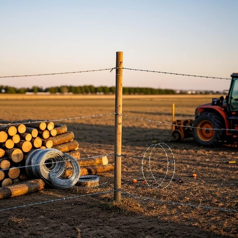 Realistic documentary-style photograph of flat agricultural field with wooden post and woven wire fence installation in progress, showing materials and labor tools, reflecting agricultural cost breakdown context Realistic documentary-style photo of agricultural field fence installation in progress with materials and labor