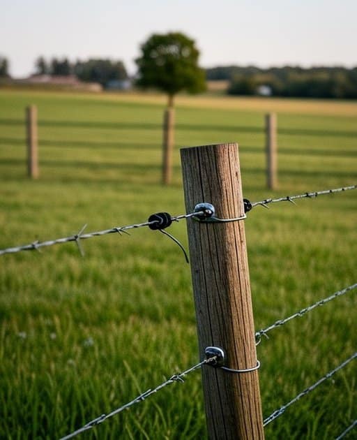 Rural agricultural pasture with a well-installed fence system, including evenly spaced pressure-treated wooden posts, three horizontal high-tensile galvanized wire strands, black insulators, metal tension brackets, lush green pasture grass in the foreground, and a distant tree line in the background.