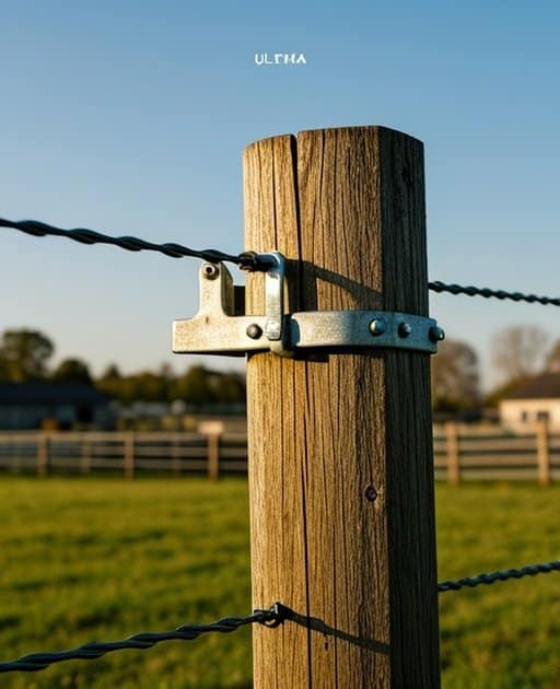 Ultra-realistic close-up of a fence post in an outdoor agricultural pasture with natural daylight, showing the post's material, an attached wire, a metal bracket, and a clear hardware connection point