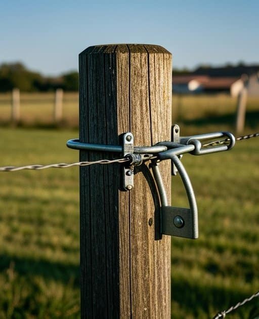 Ultra-realistic close-up of a fence post in an outdoor agricultural pasture with natural daylight, showing attached wire, metal bracket, and clear hardware connection point, documentary stock photo style with clean composition
