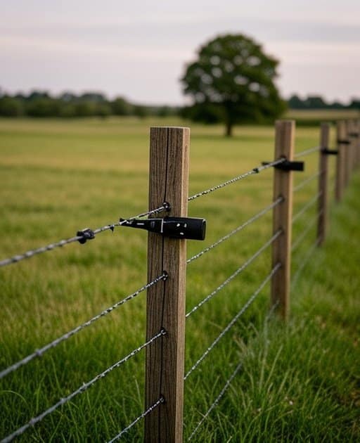 Rural agricultural pasture with evenly spaced pressure-treated wooden fence posts, three horizontal high-tensile galvanized wire strands, black insulators, metal tension brackets, lush green grass, and distant tree line, sharp focus on fence structure