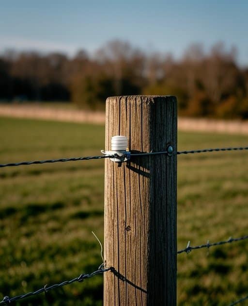 A close-up of a fence post in an outdoor agricultural pasture, showing the textured wood of the post, a taut wire securely attached with a metal bracket, and a small insulator at the connection point, with natural daylight highlighting the details.
