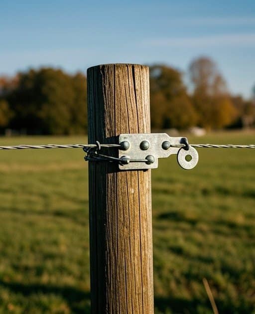 Close-up of a fence post in an outdoor agricultural pasture, showing the texture of the post material, a tightly attached wire, a metal bracket, and a hardware connection point under natural daylight