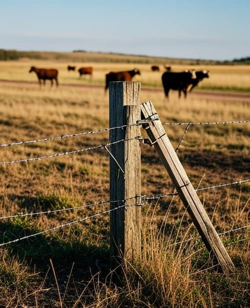 A rural agricultural pasture with a damaged wooden fence system showing weathered posts, frayed galvanized wires, loose metal brackets, uneven ground with soil erosion, dry overgrown grass in the foreground, and cows grazing near a parallel dirt road, illustrating fence repair and damage scenarios