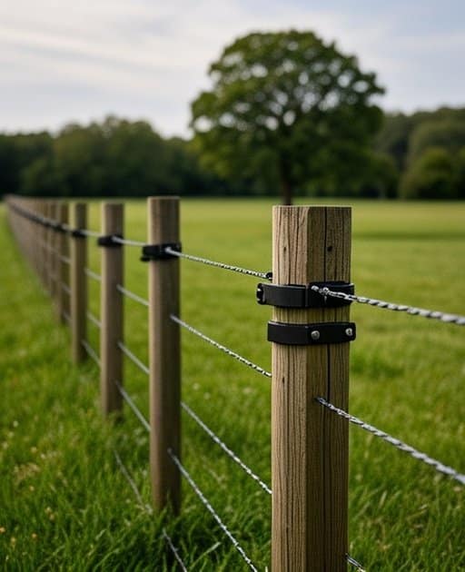 Properly installed rural agricultural fence system with evenly spaced pressure-treated wooden posts (8–10 feet apart) supporting three galvanized wire strands, black insulators, metal tension brackets, lush green pasture grass, distant tree line, soft daylight, diagonal fence in sharp focus with blurred background