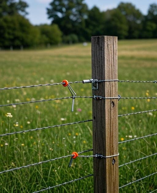 Properly installed goat fencing system with wooden posts and high-tensile galvanized wire in a rural agricultural pasture