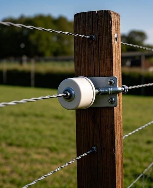 Close-up of a wooden fence post with metal bracket and insulator in a Goat Fencing Guide system, outdoor agricultural pasture.