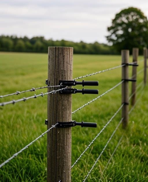 Rural agricultural pasture showcasing a properly installed High Tensile Wire Fencing Guide system with evenly spaced pressure-treated wooden posts (8-10ft apart), three straight horizontal high-tensile galvanized wire strands, black insulators, and metal tension brackets, featuring taut, aligned wire (no sagging), lush green pasture grass, distant tree line under natural soft daylight, with sharp focus on fence structure and hardware details