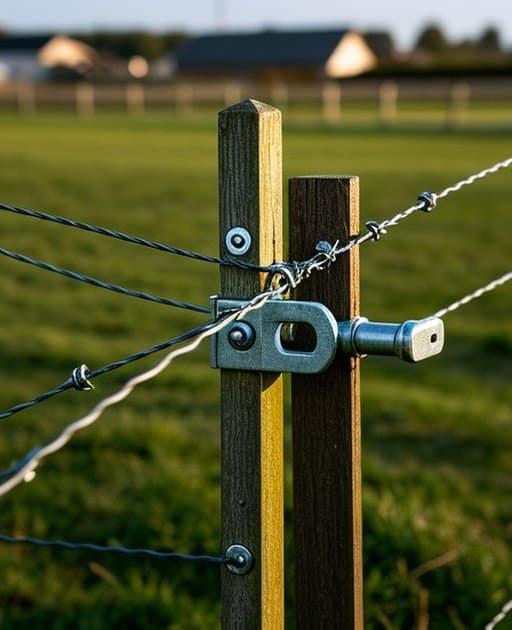Close-up of a high tensile wire fencing post in an outdoor agricultural pasture, showing post material, attached wire, metal bracket, and hardware connection point with natural daylight highlighting details