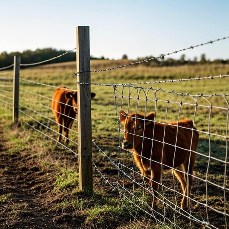 Two adjacent agricultural fence sections in a sunlit pasture with contrasting fence designs and applications Two adjacent agricultural fence sections in a sunlit pasture showing contrasting high-tensile wire and woven wire designs