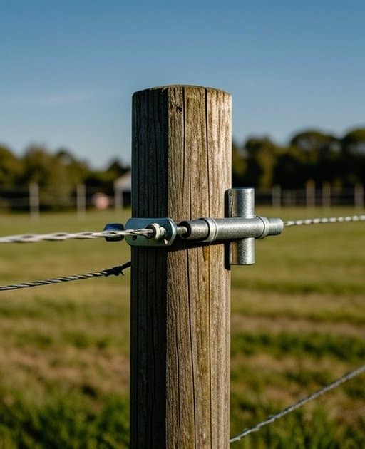 A close-up of a fence post in an outdoor agricultural pasture with a visible wire or rail attached, a metal bracket or insulator, and a clear hardware connection point, all in natural daylight, with no people or text, in a professional agricultural stock photography style