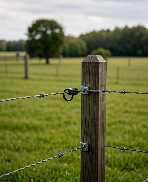 Properly installed horse fencing system in rural agricultural pasture with evenly spaced pressure-treated wooden posts, three high-tensile galvanized wire strands, black insulators, metal tension brackets, lush green pasture grass, distant tree line, natural daylight, diagonal fence, sharp focus on structure and hardware details