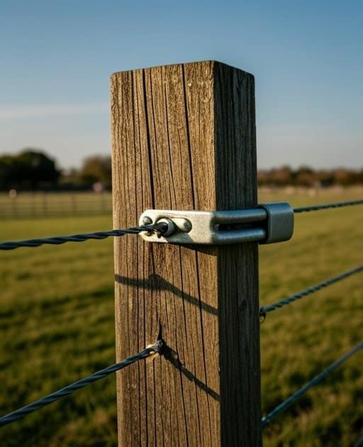Close-up of a fence post in an outdoor agricultural pasture, showing texture of the post material, tightly attached wire, metal bracket, hardware connection point, natural daylight, documentary stock photo style