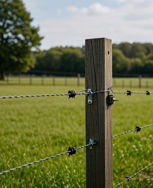 Evenly spaced pressure-treated wooden fence posts (8–10 feet apart) supporting three straight horizontal high-tensile galvanized wire strands with visible black insulators and metal tension brackets, taut and aligned, lush green pasture grass in foreground, distant tree line on horizon, diagonal fence in natural soft daylight
