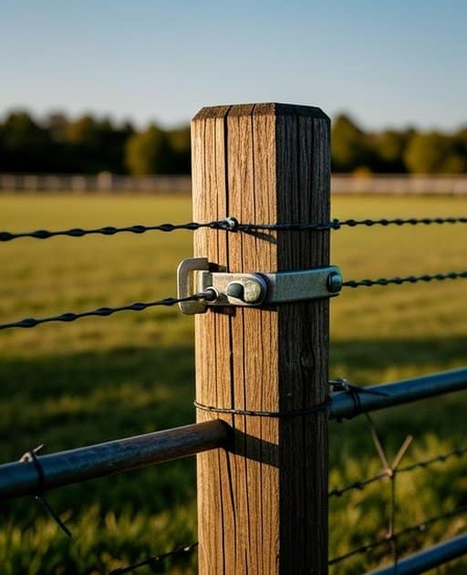 Close-up of a fence post in an outdoor agricultural pasture showing post texture, tightly attached wire/rail, metal bracket, and hardware connection point with natural daylight