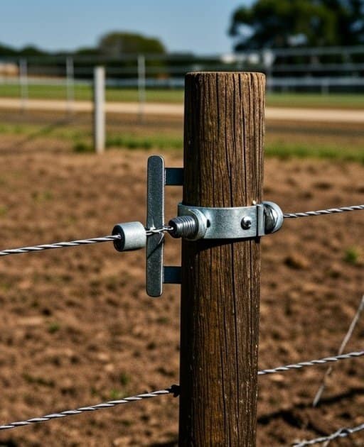 Close-up of a fence post in an outdoor agricultural pasture, showing the post material, attached wire/rail section, metal bracket/insulator, hardware connection point, with natural daylight, clean composition, and documentary-style focus on structural details of a properly installed Terrain & Soil Considerations Guide fencing system.