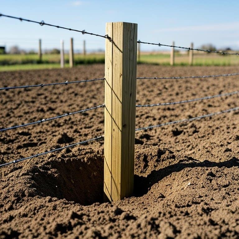 Realistic documentary-style photograph of a wooden fence post being installed in a farm field, demonstrating stability through burying about one-third of the post underground, emphasizing structural integrity against livestock pressure and seasonal soil movement Realistic documentary-style photograph of a wooden fence post installed in a farm field, with approximately one-third buried underground for stability, showcasing proper installation for structural integrity against livestock pressure