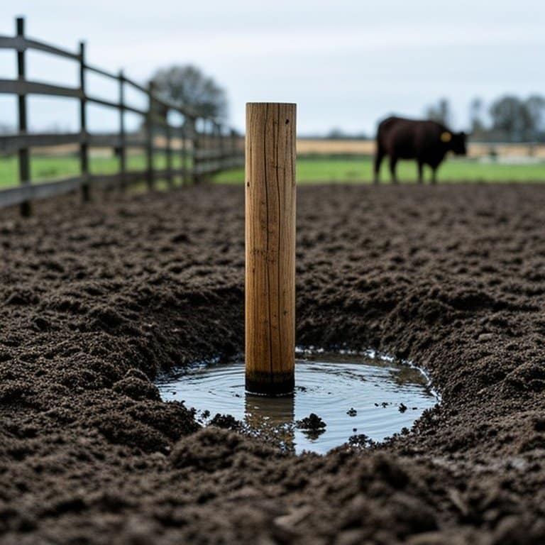 Realistic wooden fence post installation in muddy agricultural soil for structural stability Realistic wooden fence post installation in muddy agricultural soil for structural stability
