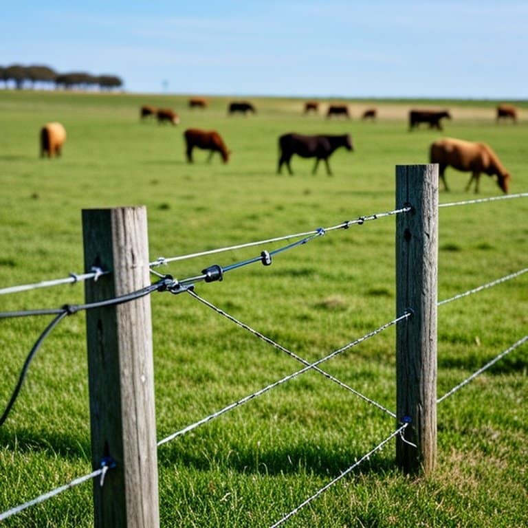 Realistic documentary-style farm photograph of a field with existing wooden post perimeter fence and newly installed electric cross fencing (polytape/polywire), showcasing scalable grazing system with distant cattle grazing in managed paddocks Realistic documentary-style farm photograph of a field with existing wooden post perimeter fence and newly installed electric cross fencing (polytape/polywire), showcasing scalable grazing system with distant cattle grazing in managed paddocks