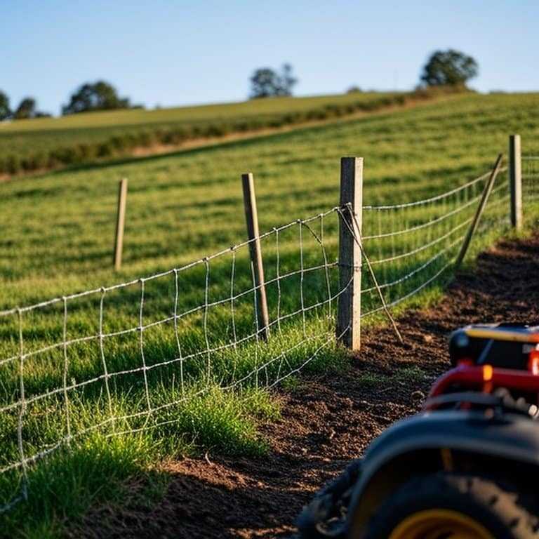 Realistic documentary-style photograph of grassy hillside with woven wire fence installation (racking method), showing wooden posts, metal braces, and agricultural tools in foreground, capturing professional sloped terrain fencing work Documentary-style photo of grassy hillside with woven wire fence installed by racking method for agricultural fencing