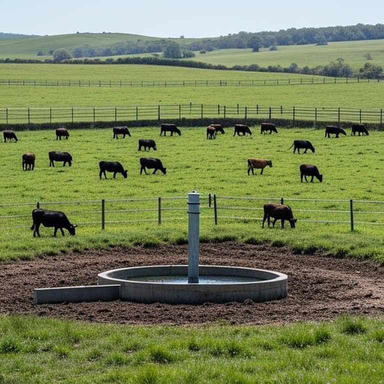 Realistic documentary-style photograph of rotational grazing system with central water trough for cattle pastures Rotational grazing layout with central water trough hub serving fenced pastures