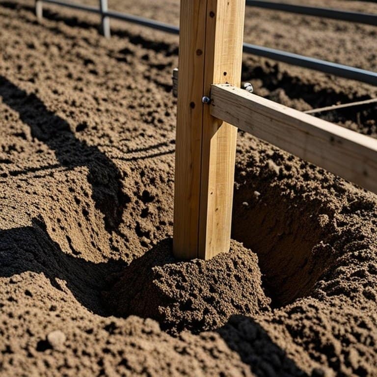 Farm fence post installation in heavy clay soil with compaction & structural support Realistic documentary-style photograph of a farm fence post installation in heavy clay soil, demonstrating compaction techniques and structural reinforcement