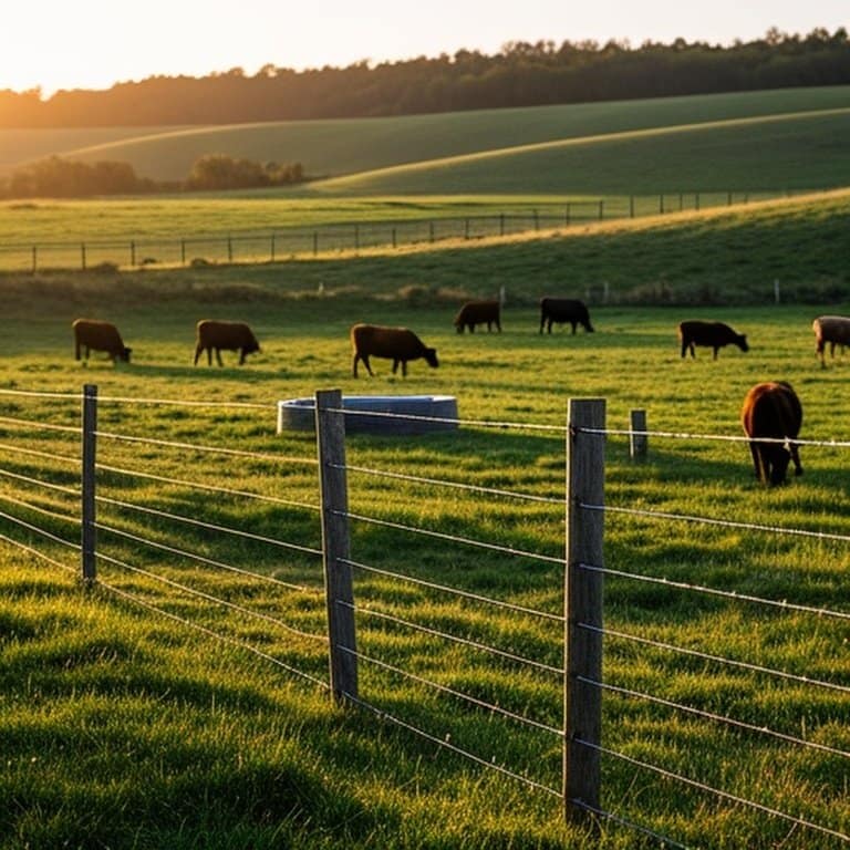 Rural farm pasture during golden hour showcasing rotational cross fencing setup, wooden perimeter posts, electric cross fencing, cattle grazing, water trough, and natural slope contours Rural farm pasture with rotational electric cross fencing system during golden hour, showing cattle grazing and livestock-environment harmony