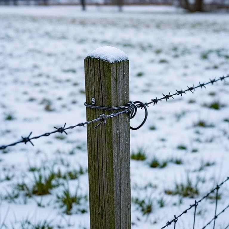 High-tensile wire fence in winter pasture with snow-covered ground and wooden posts High-tensile wire fence in winter pasture with snow-covered ground, wooden posts and inline tensioners