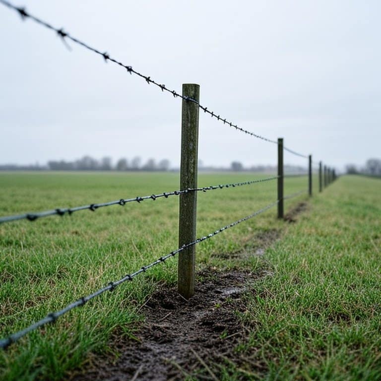 Leaning modern farm fence post with muddy base in rural pasture, environmental factors affecting fence integrity Leaning modern farm fence post with muddy base in rural pasture, environmental factors affecting fence integrity