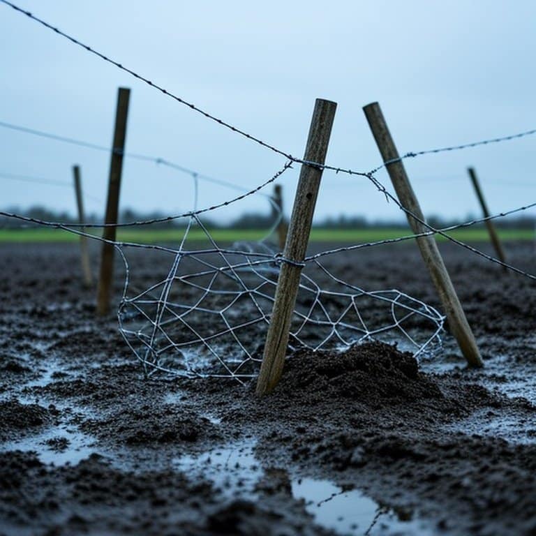 Fallen livestock wire fence after heavy rain showing storm damage and repair context Fallen livestock wire fence after heavy rain showing storm damage and repair context