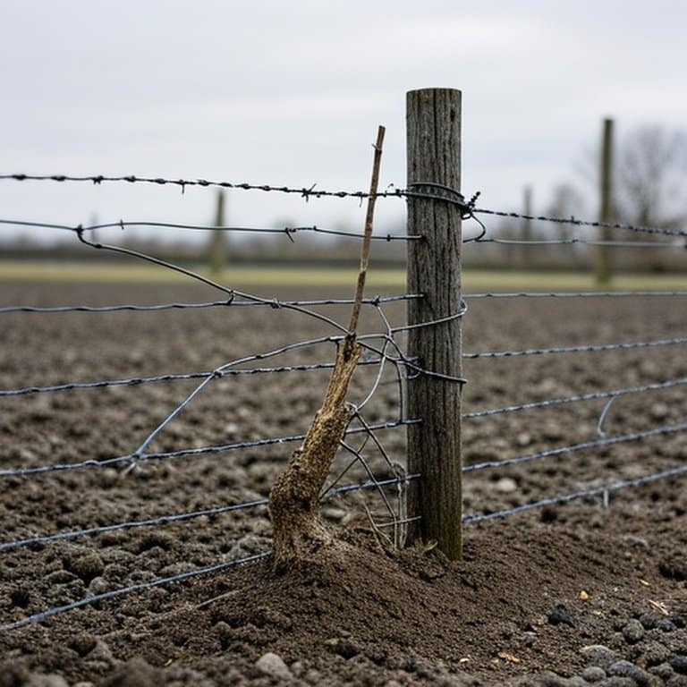 Realistic agricultural scene of woven wire fence post-storm with subtle damage Realistic agricultural scene after storm showcasing subtle damage to woven wire fence